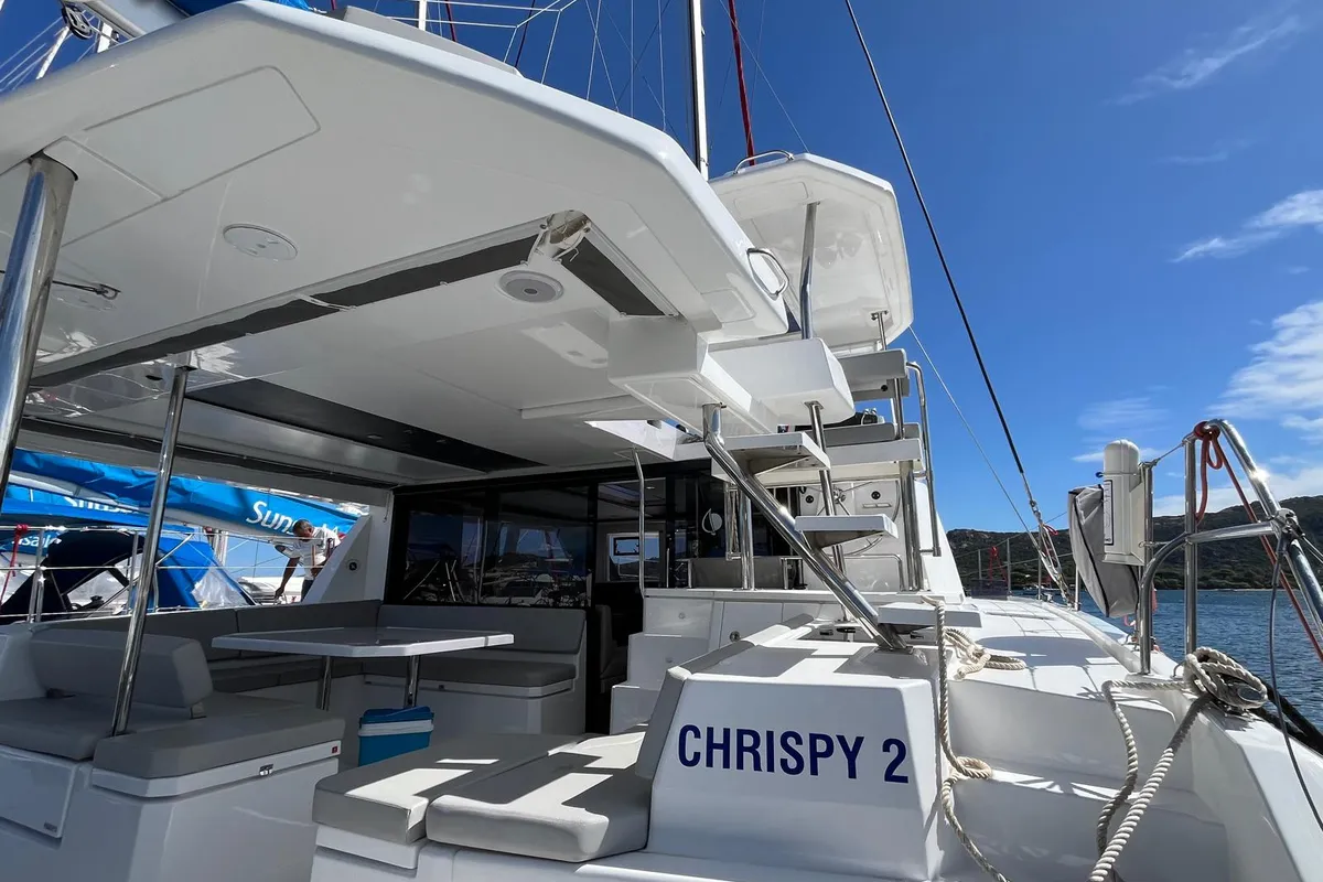 Deck of Chrispy 2, a Leopard 45 catamaran at Cannigione, Italy