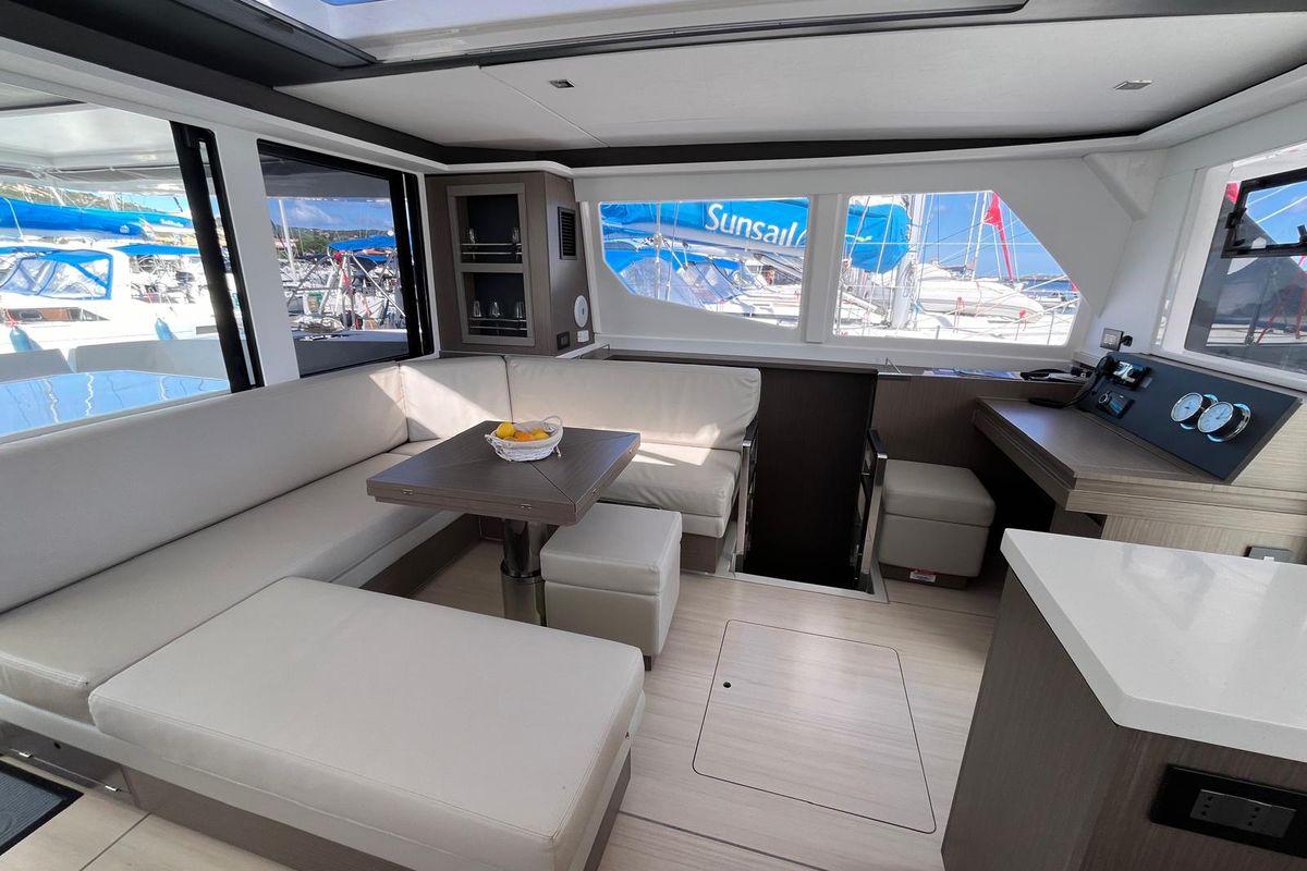 Salon of Chrispy 2, a Leopard 45 catamaran at Cannigione, Italy