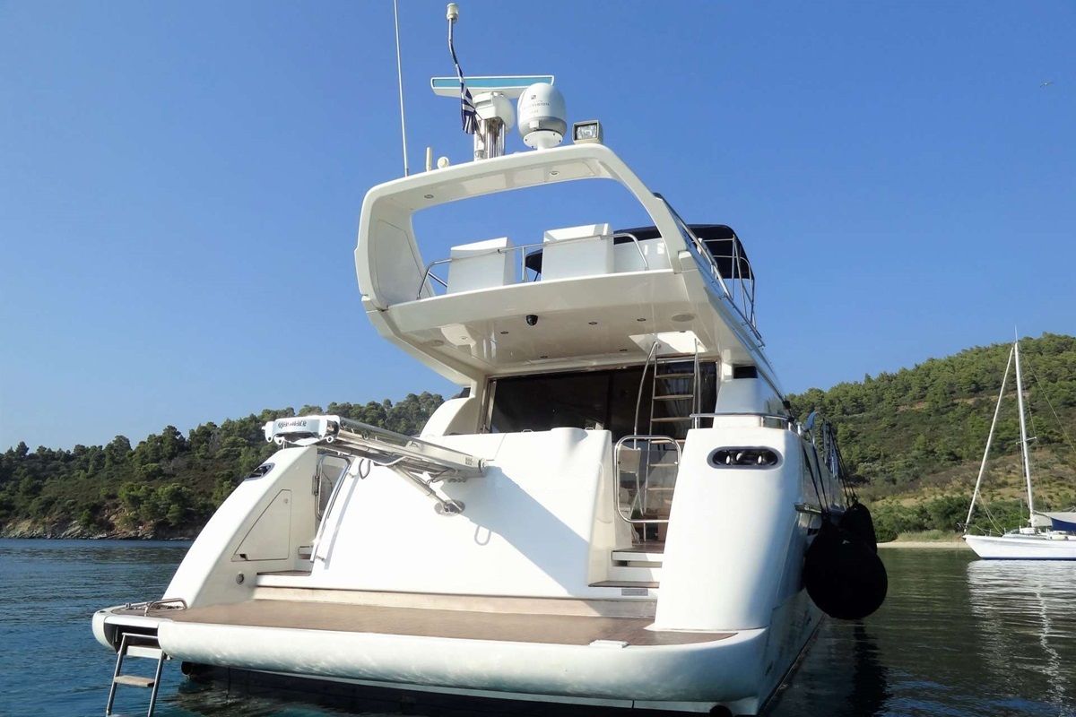 Exterior view of Linda II, a Azimut 58 motorboat at 2nd Marina Glyfada, Greece