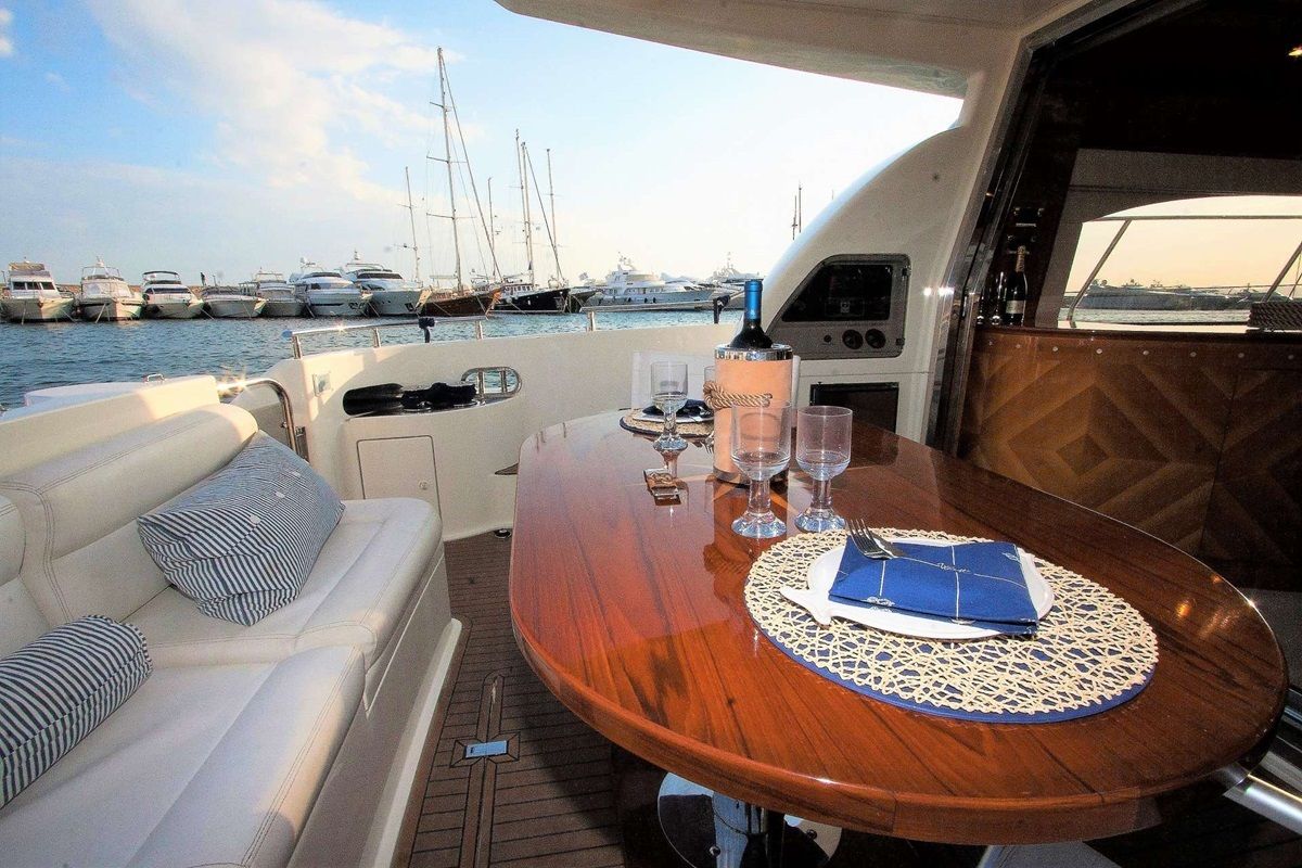 Deck of Linda II, a Azimut 58 motorboat at 2nd Marina Glyfada, Greece