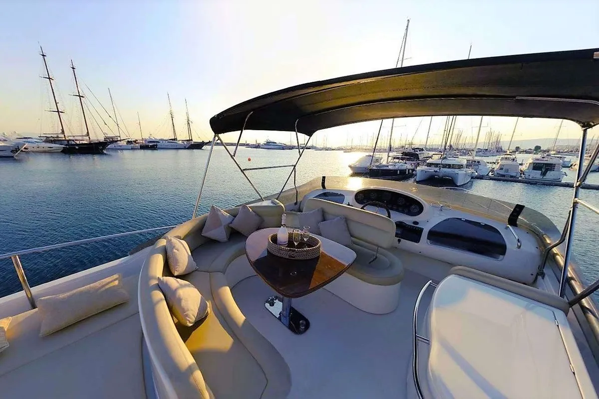 Deck of Linda II, a Azimut 58 motorboat at 2nd Marina Glyfada, Greece