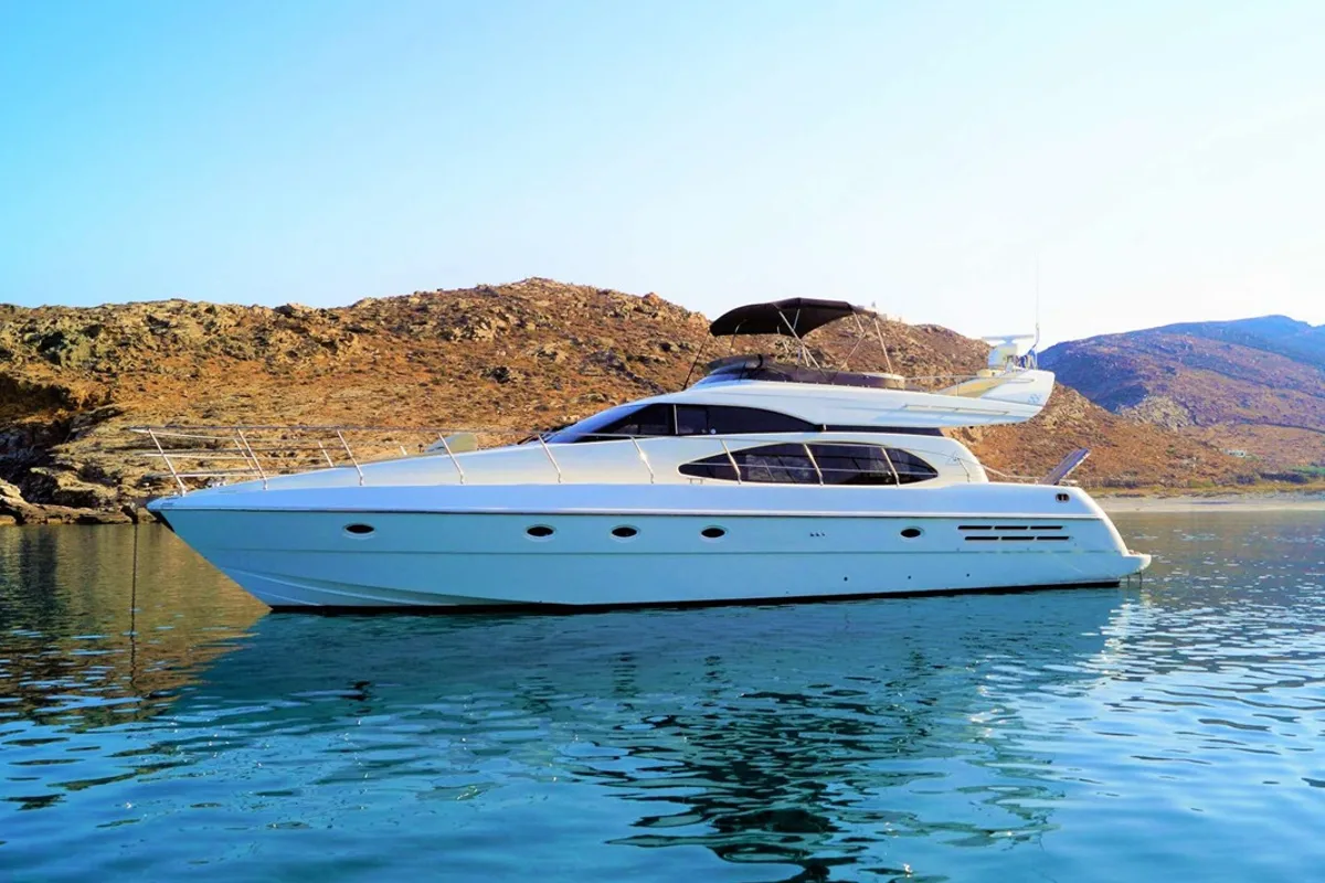 Exterior view of Linda II, a Azimut 58 motorboat at 2nd Marina Glyfada, Greece