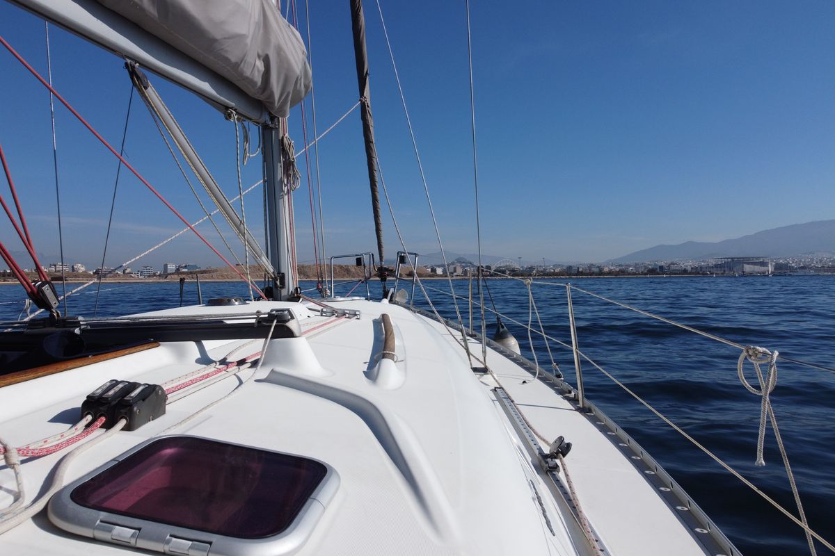 Deck of ANIMA, a Beneteau Oceanis 361 sailboat at Marina Delta Kallithea, Greece