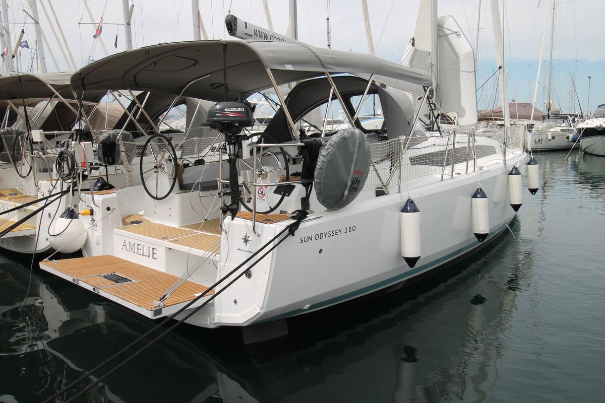 Exterior view of Amelie, a Jeanneau Sun Odyssey 380 sailboat at Grad Biograd na Moru, Croatia