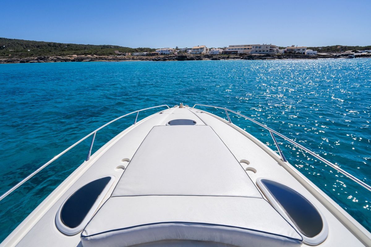 Deck of Pompa, a Sunseeker Hawk 34 motorboat at Ibiza, Spain
