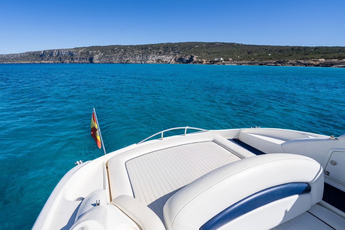 Deck of Pompa, a Sunseeker Hawk 34 motorboat at Ibiza, Spain