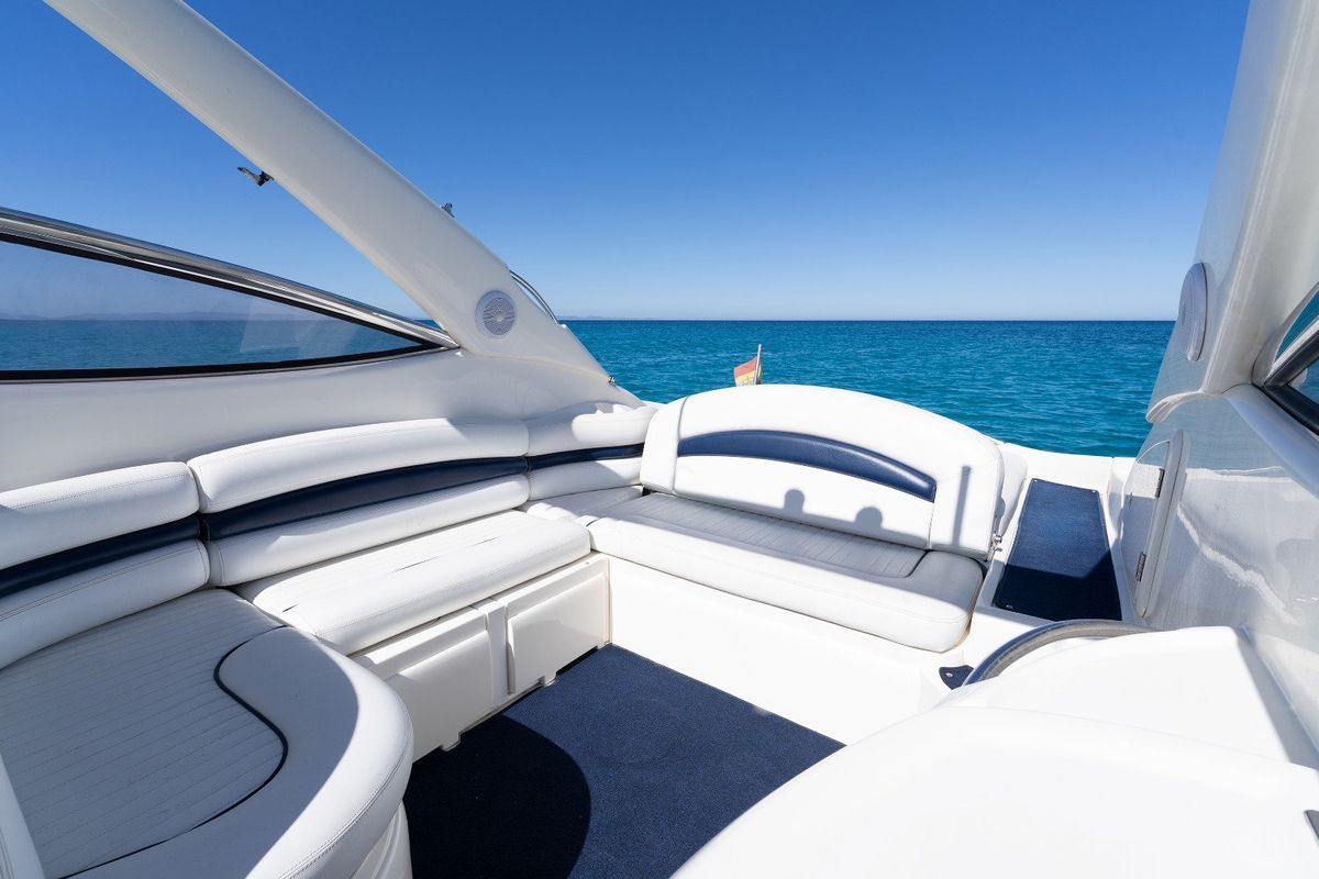 Deck of Pompa, a Sunseeker Hawk 34 motorboat at Ibiza, Spain