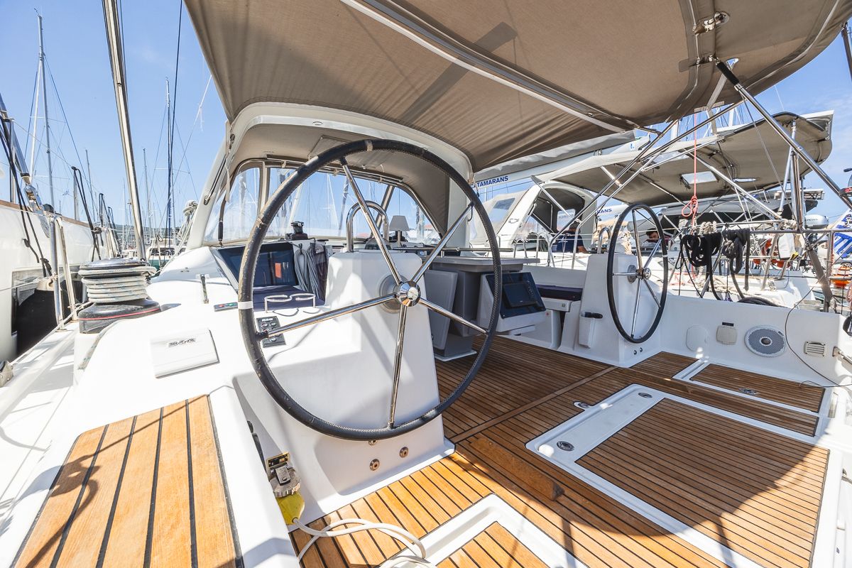 Cockpit of Peace, a Beneteau Oceanis 41.1 sailboat at Municipal Unit of Lefkada, Greece