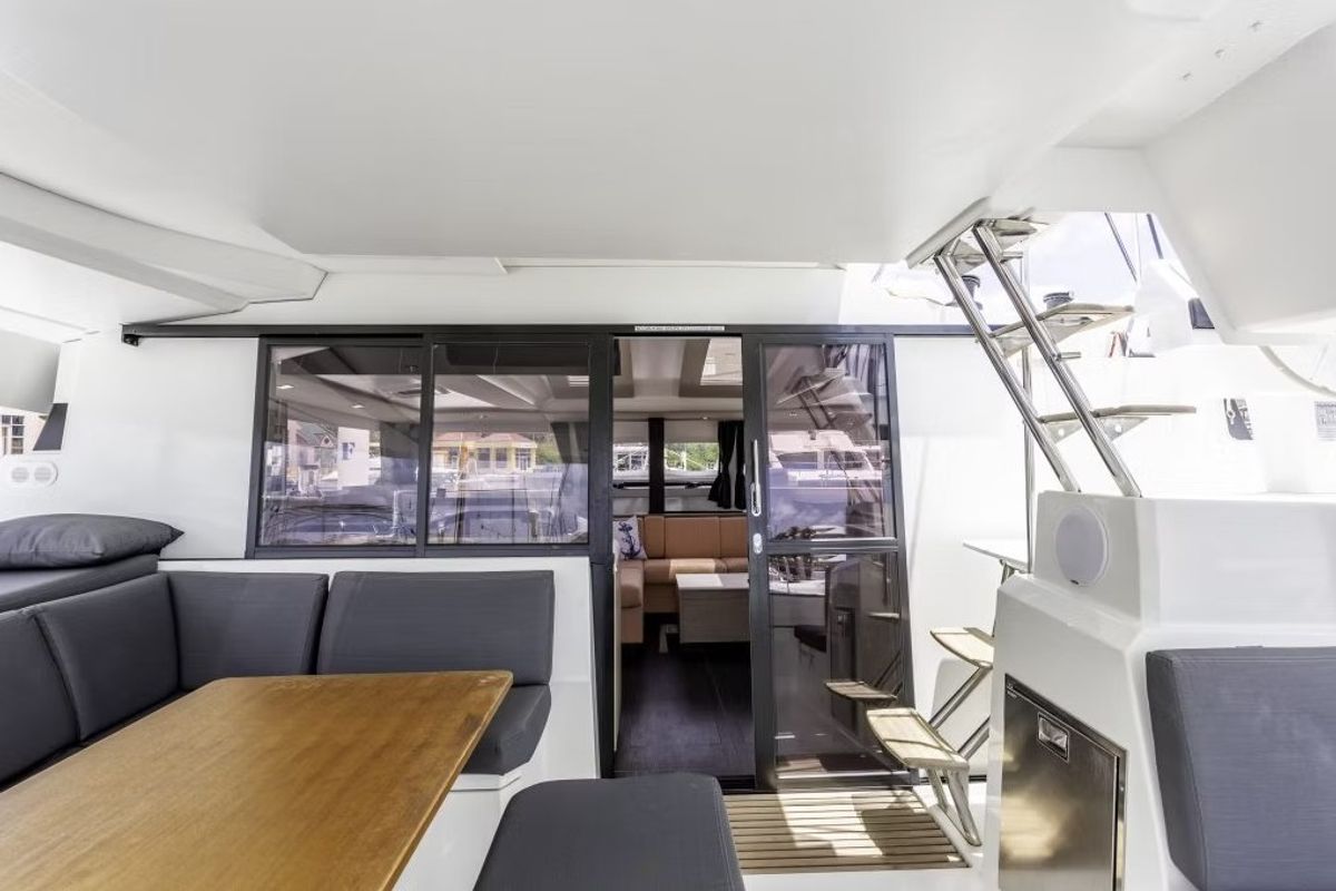 Deck of Nauti Intentions, a Fountaine Pajot Elba 45 catamaran at Road Town, British Virgin Islands