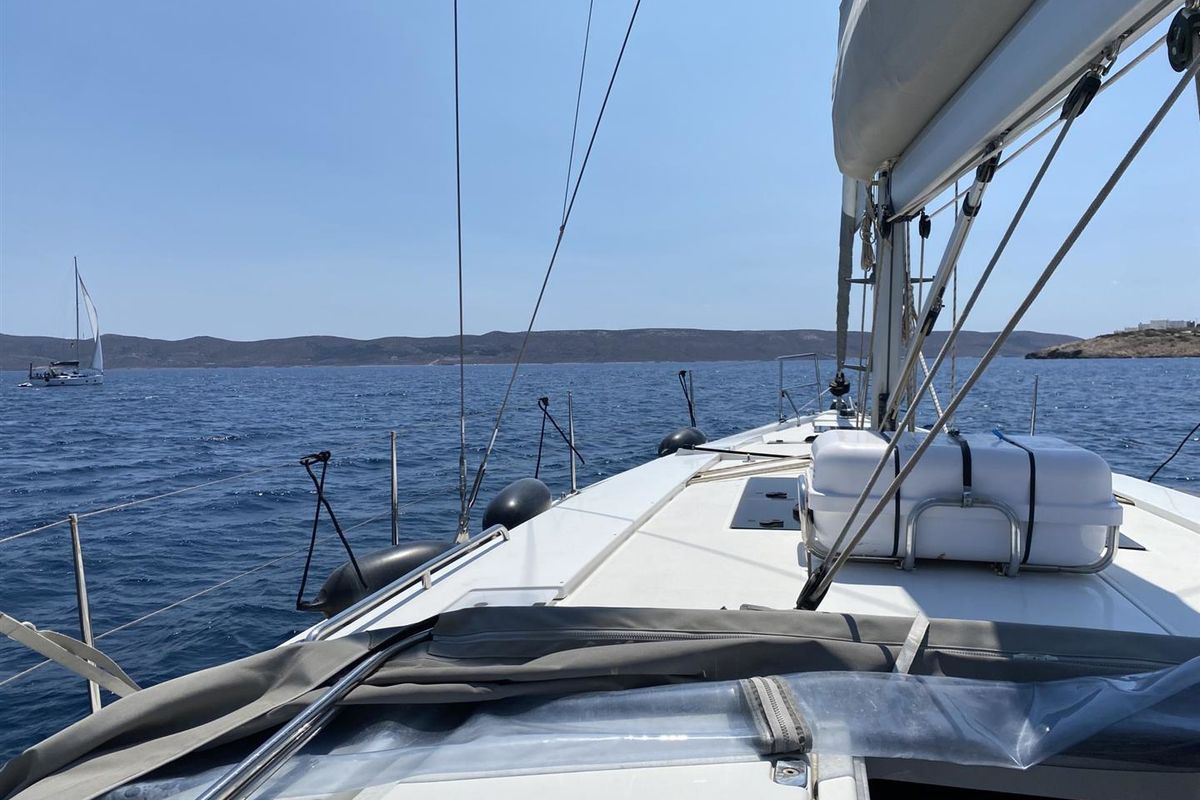 Deck of Edelweiss, a Hanse Yachts Hanse 458 sailboat at Municipal Unit of Lefkada, Greece