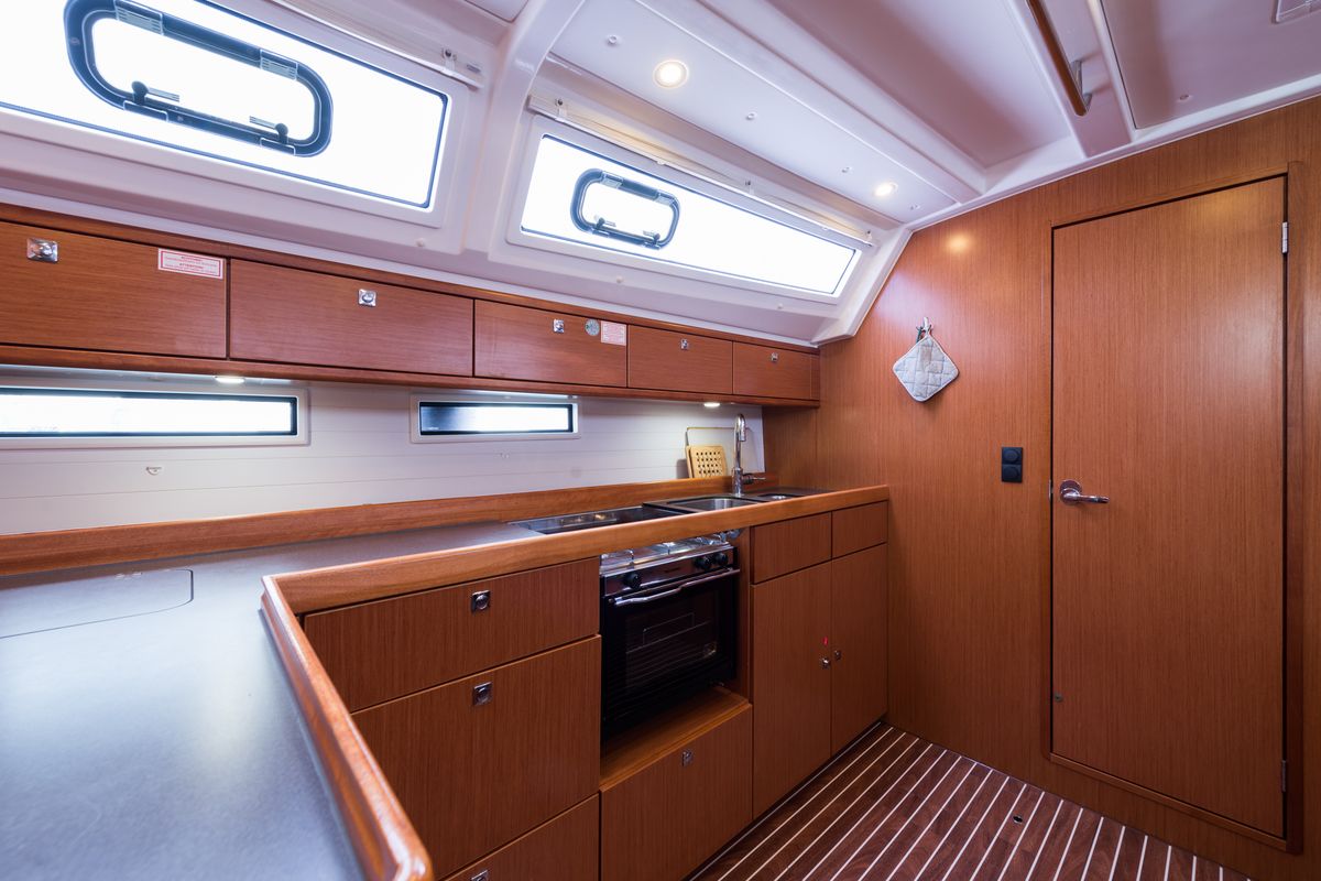 Galley of Morning Star, a Bavaria Cruiser 46 sailboat at Municipal Unit of Nea Peramos, Greece