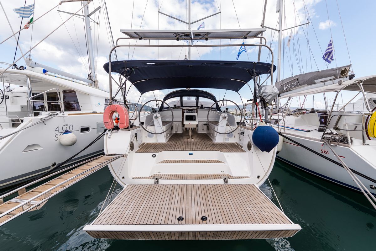Exterior view of Morning Star, a Bavaria Cruiser 46 sailboat at Municipal Unit of Nea Peramos, Greece