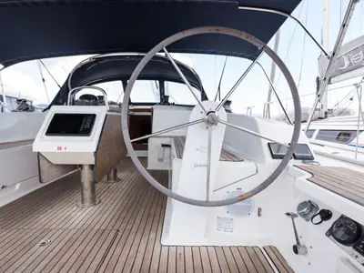 Cockpit of Morning Star, a Bavaria Cruiser 46 sailboat at Municipal Unit of Nea Peramos, Greece