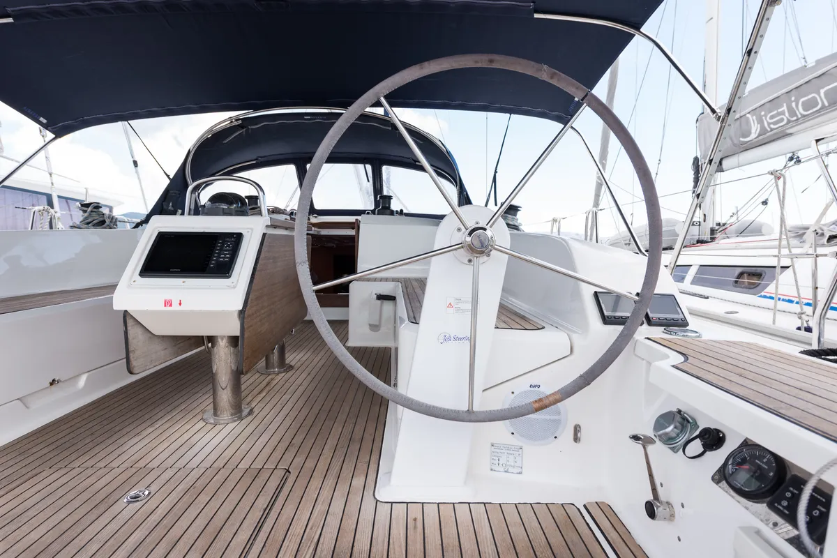 Cockpit of Morning Star, a Bavaria Cruiser 46 sailboat at Municipal Unit of Nea Peramos, Greece