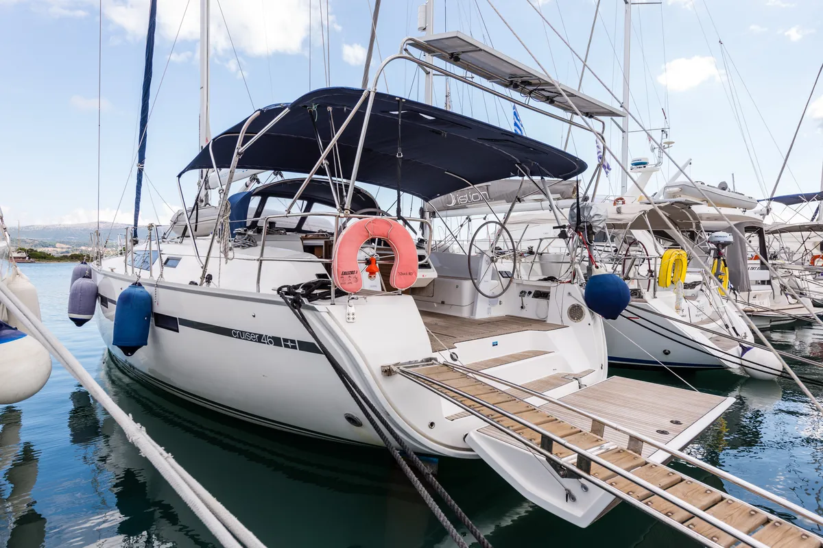 Exterior view of Morning Star, a Bavaria Cruiser 46 sailboat at Municipal Unit of Nea Peramos, Greece