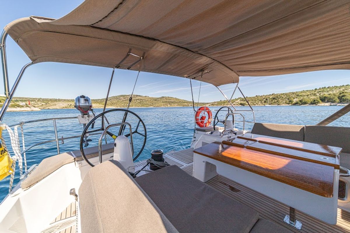 Cockpit of Baldur, a Jeanneau Sun Odyssey 490 sailboat at Primošten, Croatia