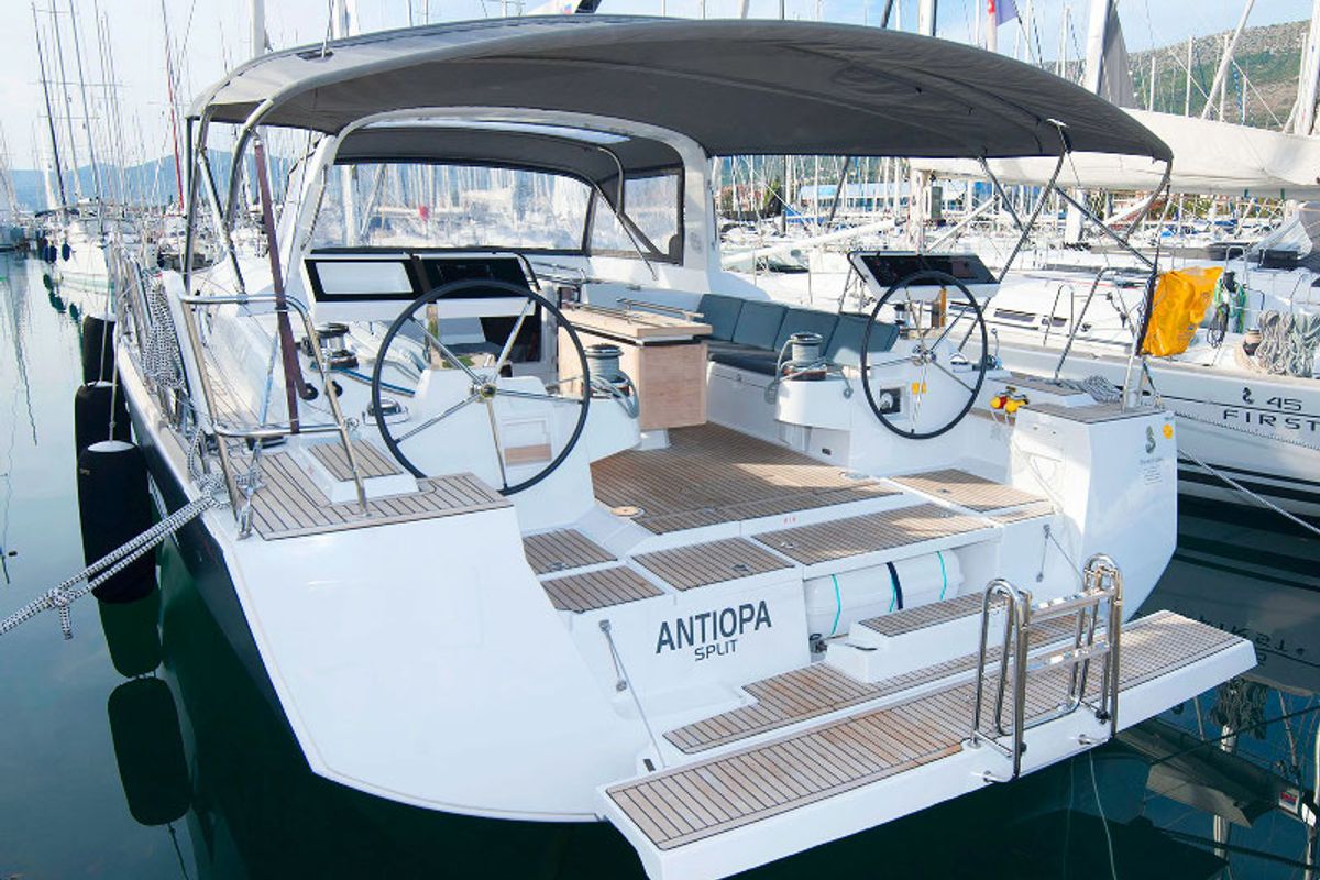 Exterior view of Antiopa, a Beneteau Oceanis 55 sailboat at Grad Kaštela, Croatia