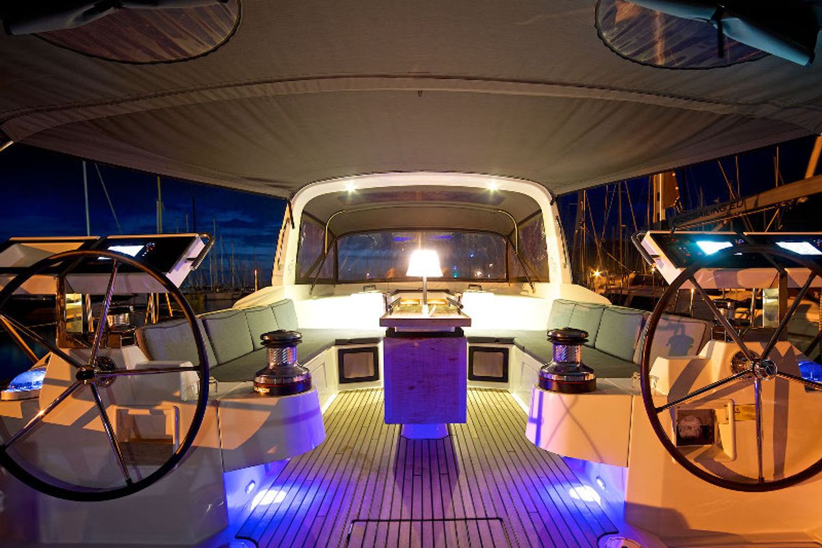 Cockpit of Antiopa, a Beneteau Oceanis 55 sailboat at Grad Kaštela, Croatia