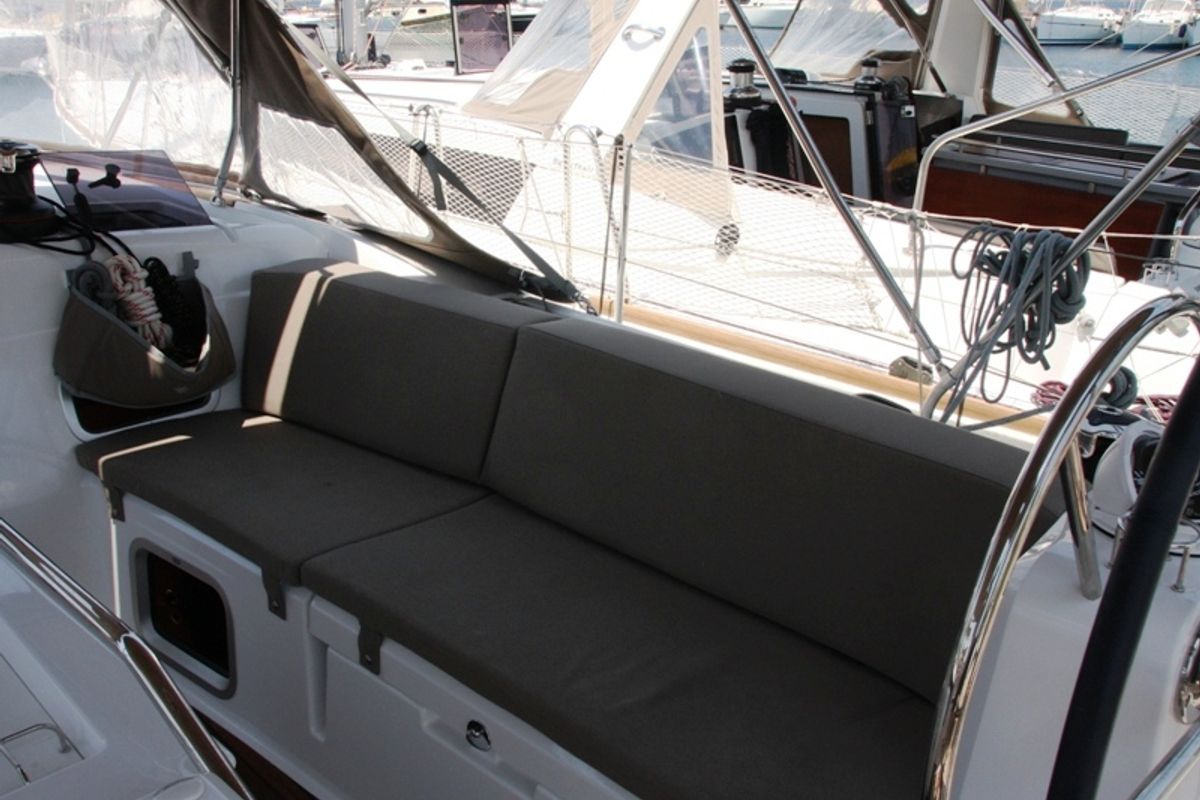 Cockpit of Sky Selin, a Jeanneau Sun Odyssey 479 sailboat at Marmaris, Turkey