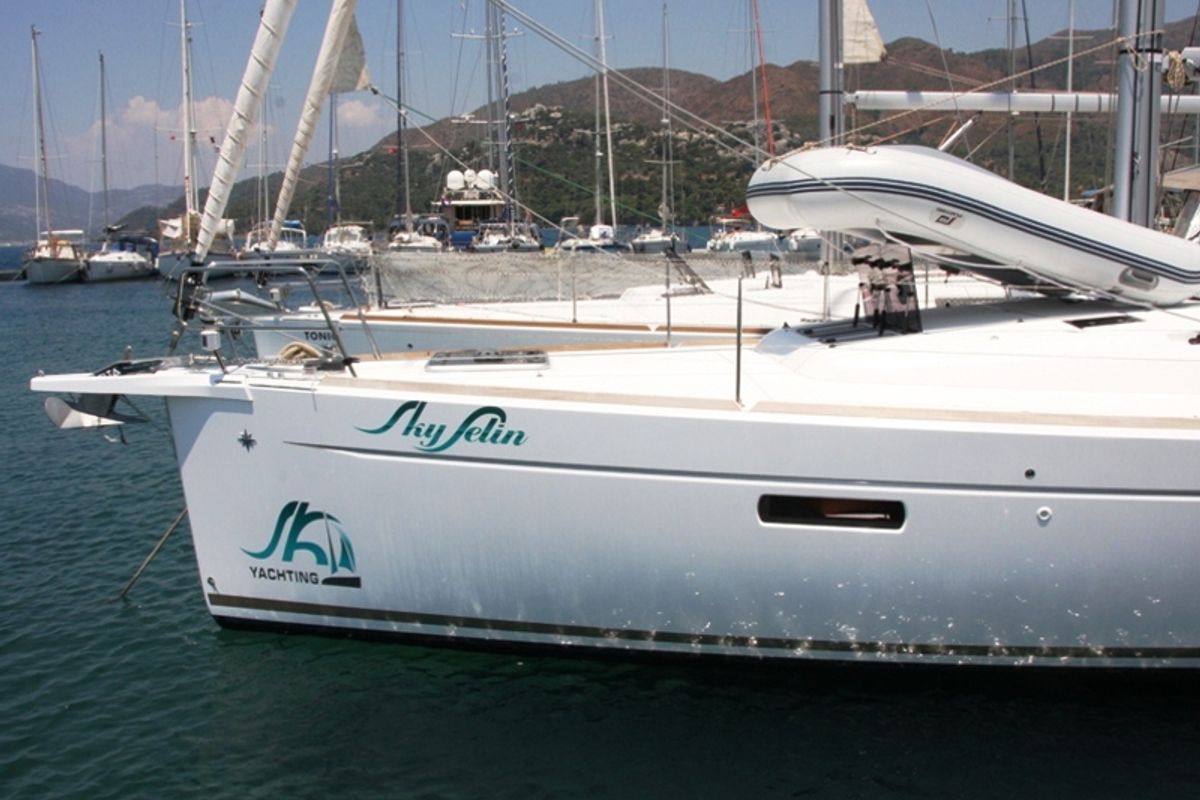 Exterior view of Sky Selin, a Jeanneau Sun Odyssey 479 sailboat at Marmaris, Turkey