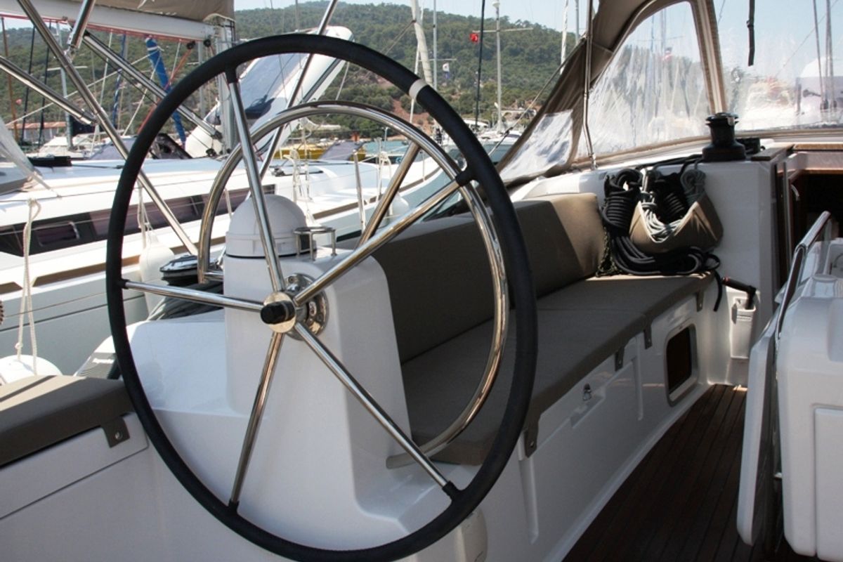 Cockpit of Sky Selin, a Jeanneau Sun Odyssey 479 sailboat at Marmaris, Turkey