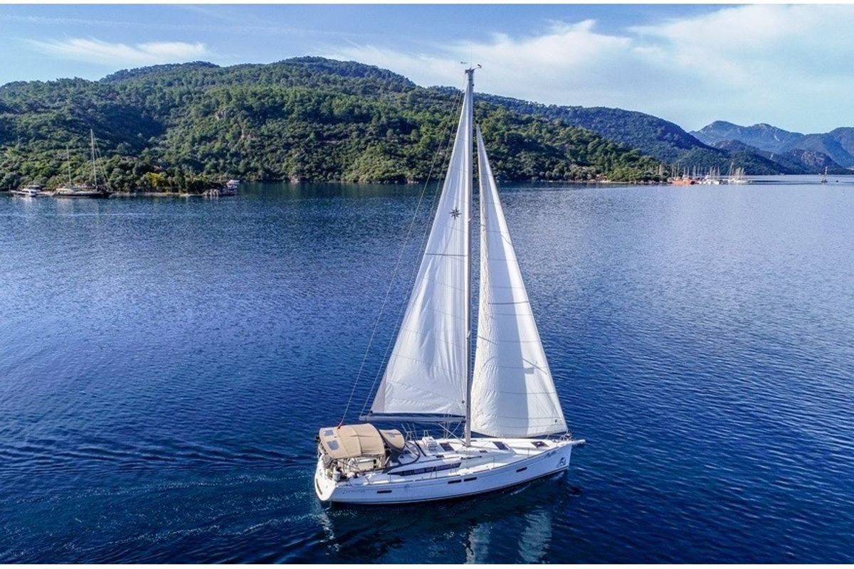 Exterior view of Sky Selin, a Jeanneau Sun Odyssey 479 sailboat at Marmaris, Turkey