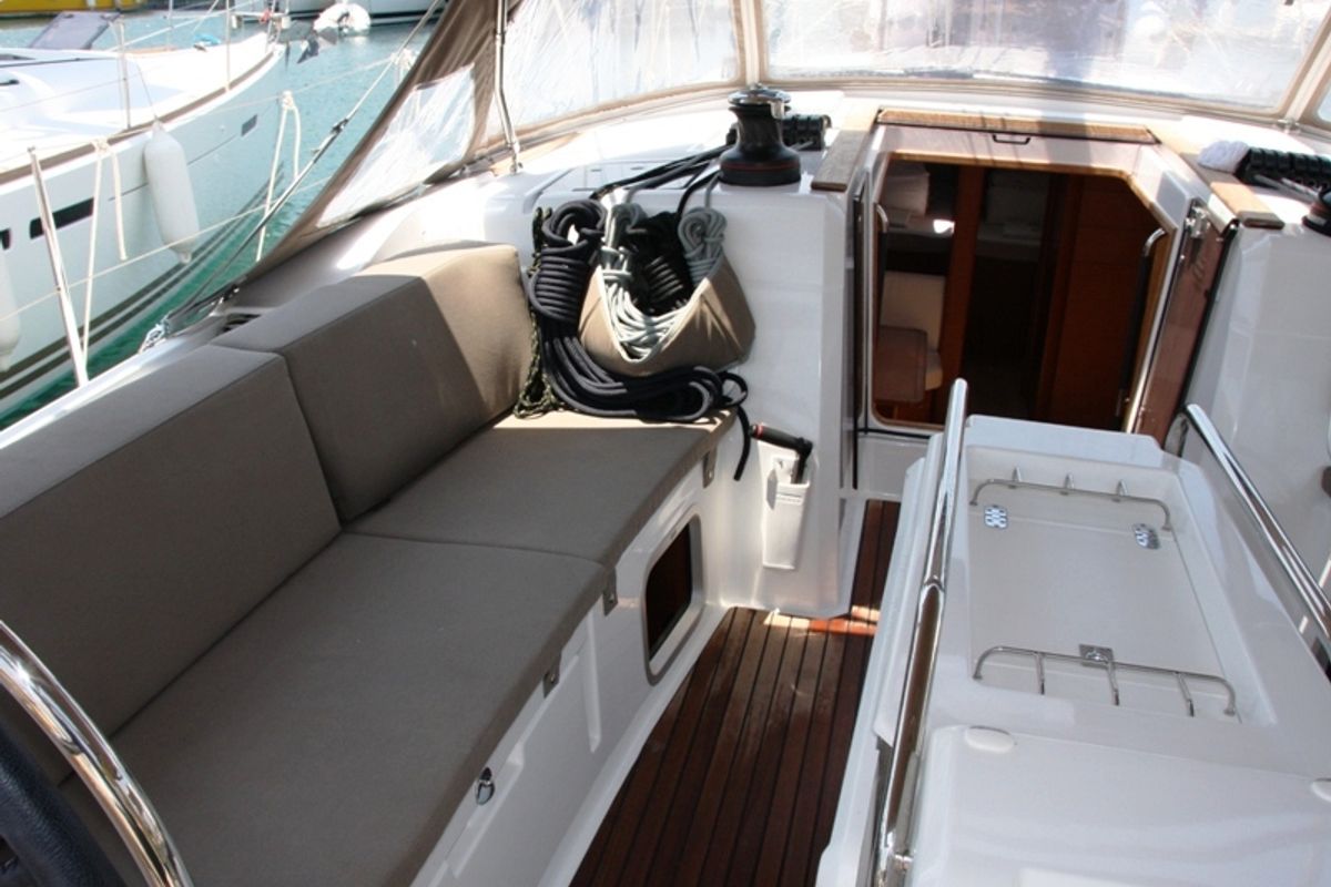 Cockpit of Sky Selin, a Jeanneau Sun Odyssey 479 sailboat at Marmaris, Turkey