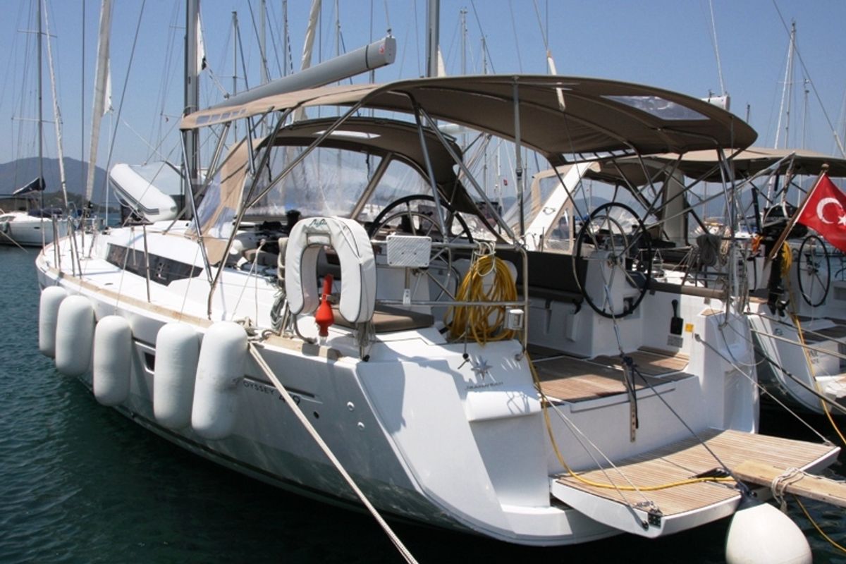 Exterior view of Sky Selin, a Jeanneau Sun Odyssey 479 sailboat at Marmaris, Turkey