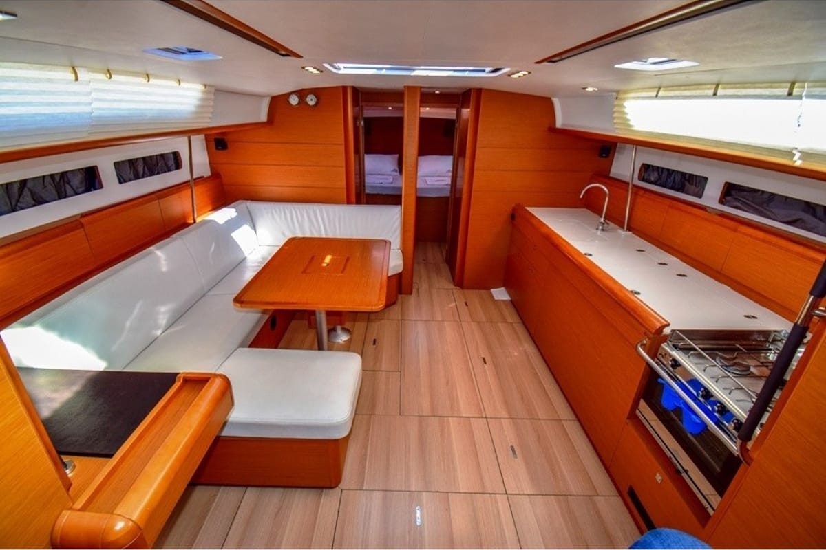 Salon of Sky Selin, a Jeanneau Sun Odyssey 479 sailboat at Marmaris, Turkey