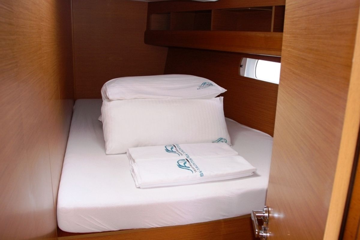 Cabin on Sky Selin, a Jeanneau Sun Odyssey 479 sailboat at Marmaris, Turkey