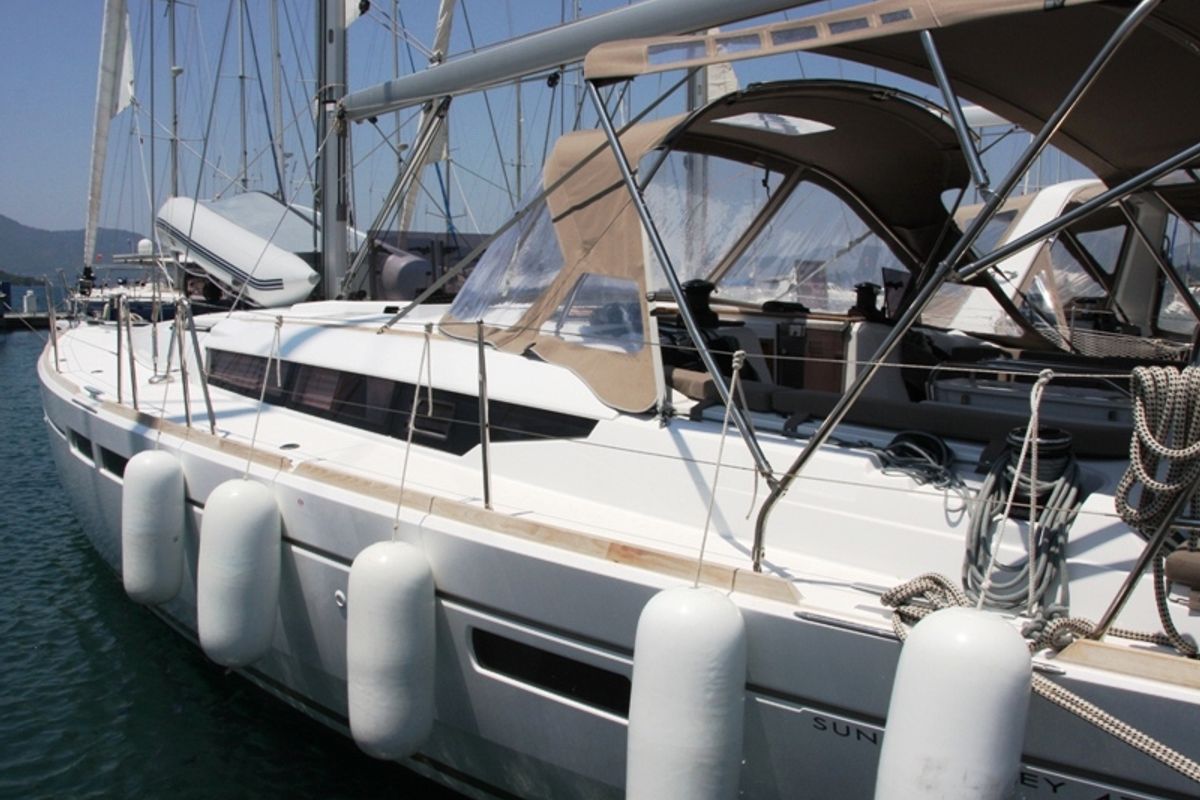 Exterior view of Sky Selin, a Jeanneau Sun Odyssey 479 sailboat at Marmaris, Turkey
