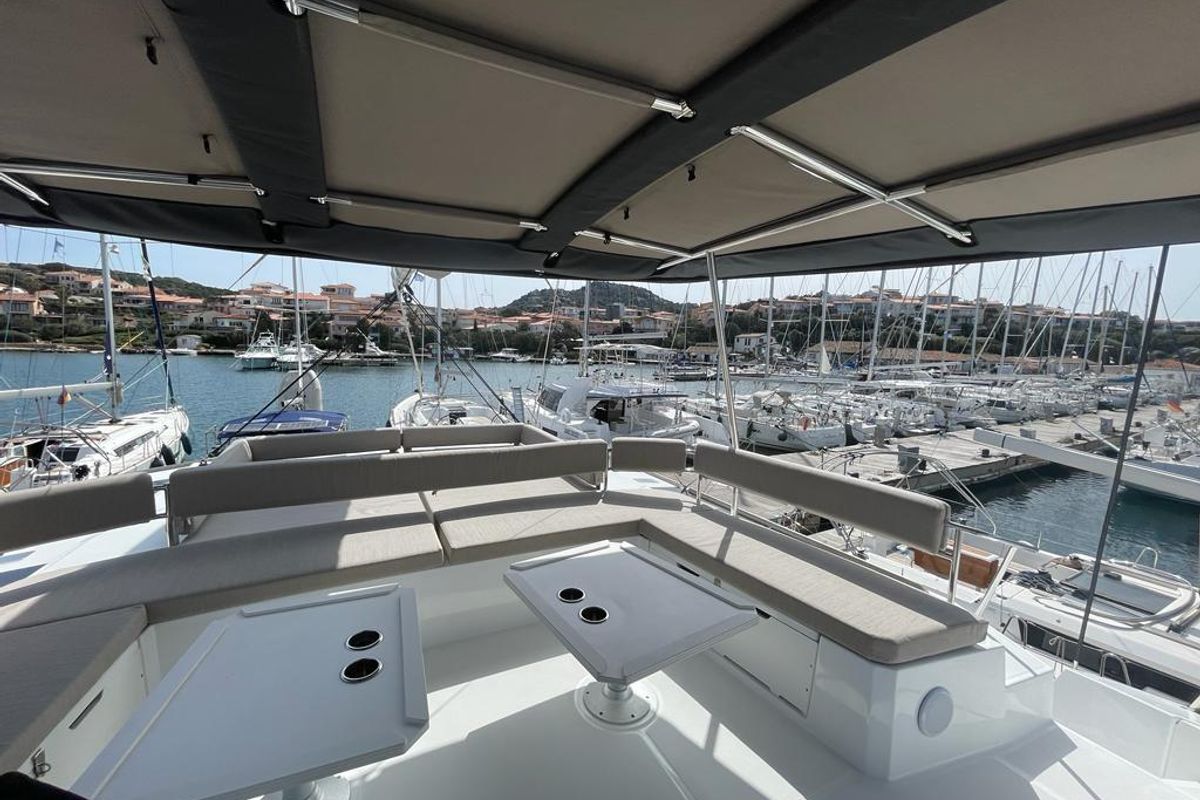 Deck of Spritz "New 2024", a Bali 5.4 catamaran at Figari/Golfo Aranci, Italy