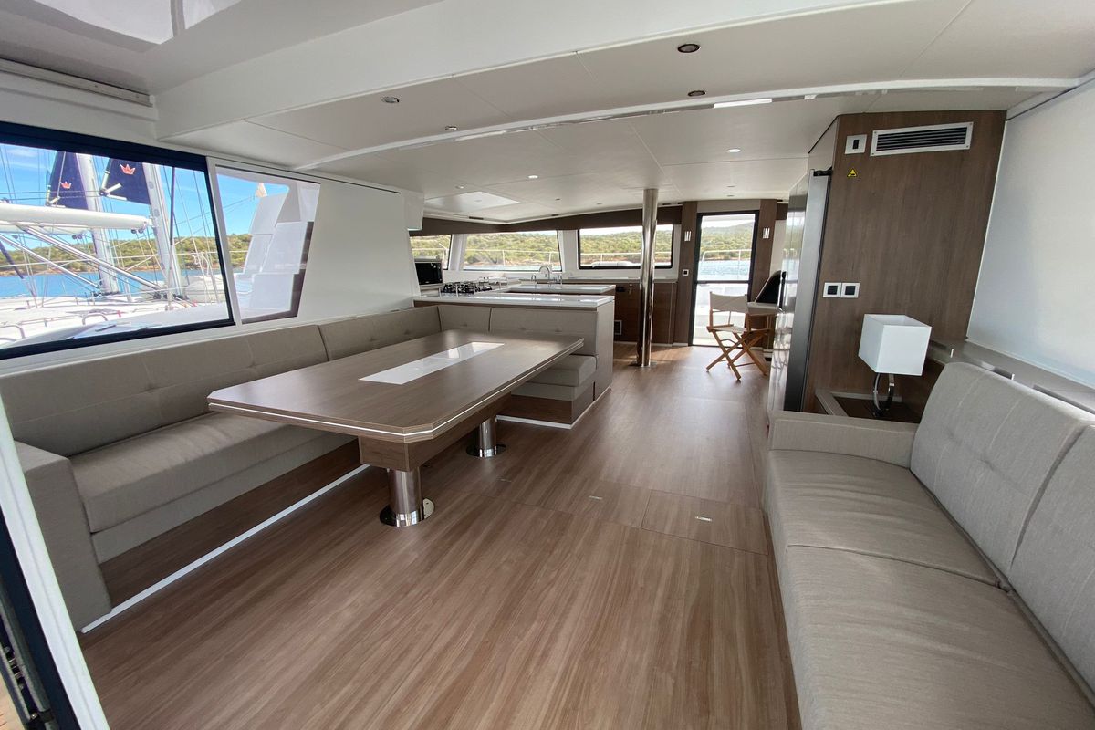 Salon of Spritz "New 2024", a Bali 5.4 catamaran at Figari/Golfo Aranci, Italy