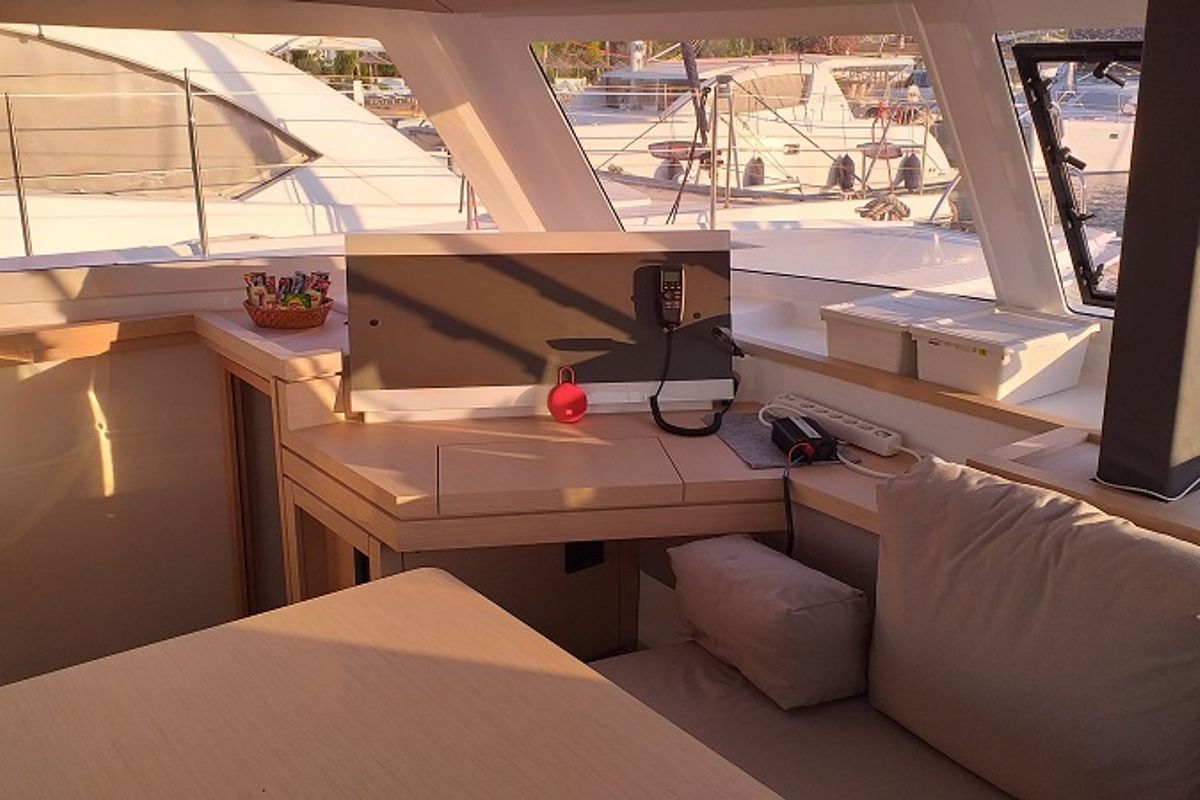 Salon of El Camino, a Fountaine Pajot Lucia 40 catamaran at Fethiye, Turkey