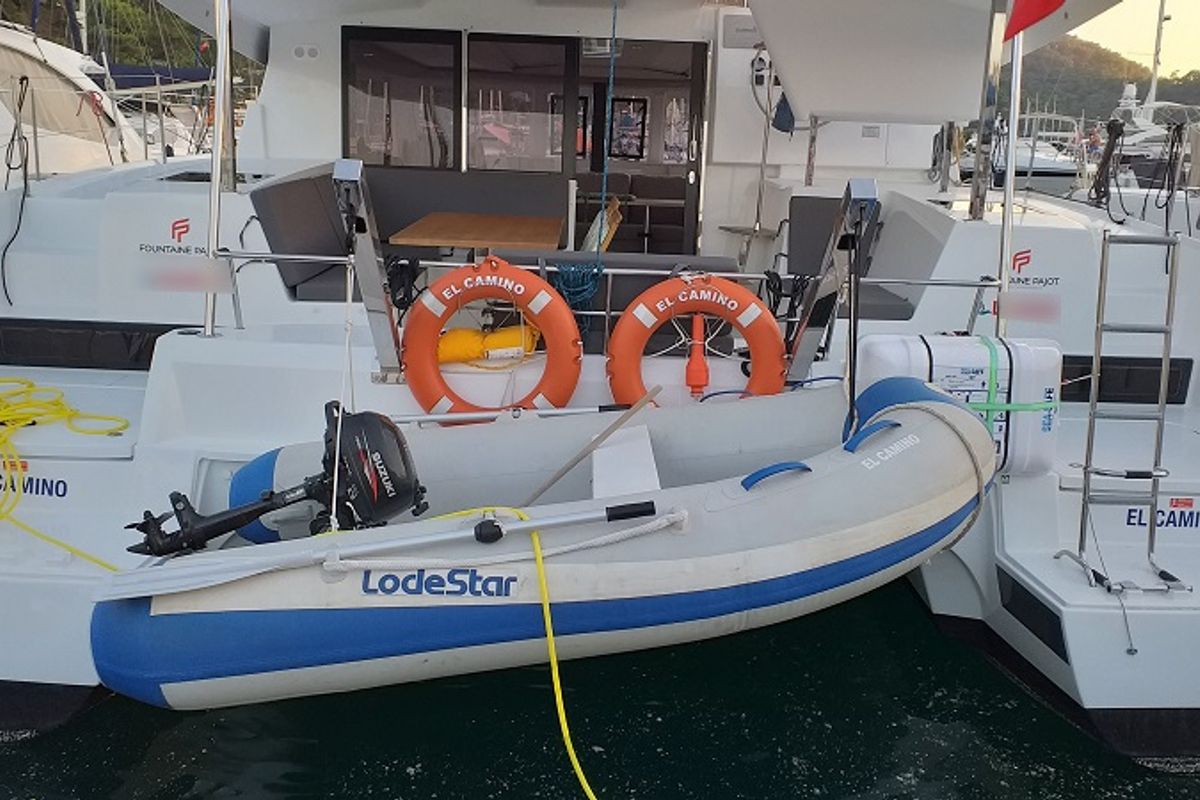 Deck of El Camino, a Fountaine Pajot Lucia 40 catamaran at Fethiye, Turkey