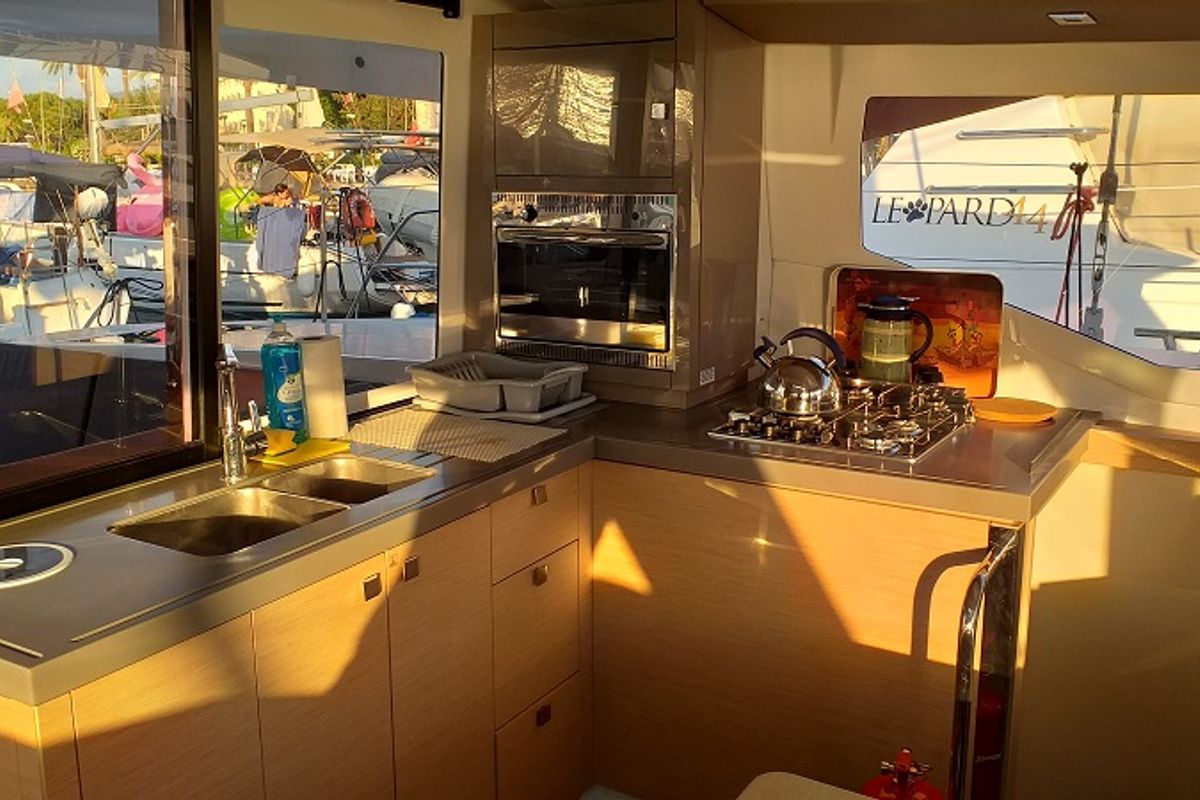 Galley of El Camino, a Fountaine Pajot Lucia 40 catamaran at Fethiye, Turkey