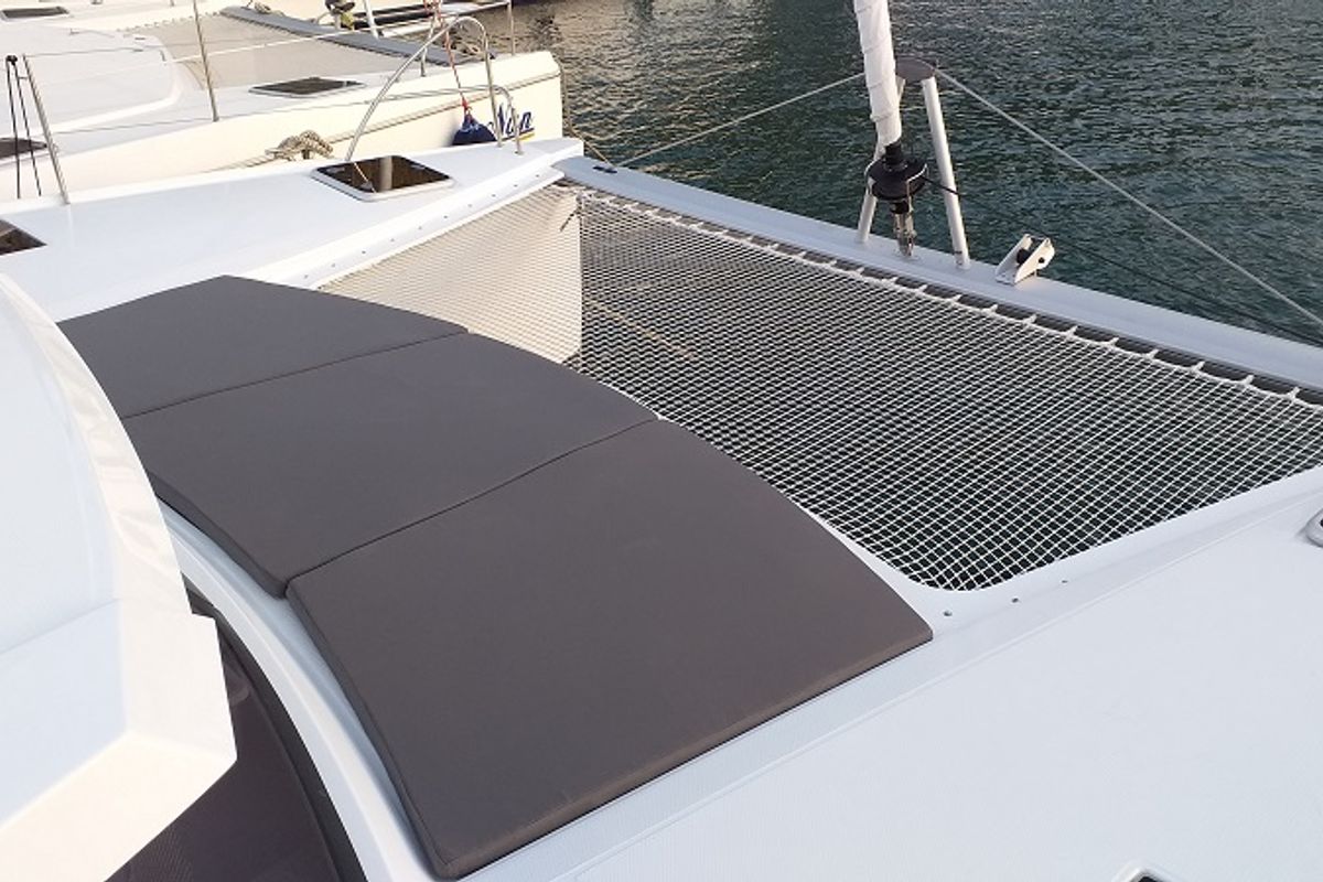 Deck of El Camino, a Fountaine Pajot Lucia 40 catamaran at Fethiye, Turkey