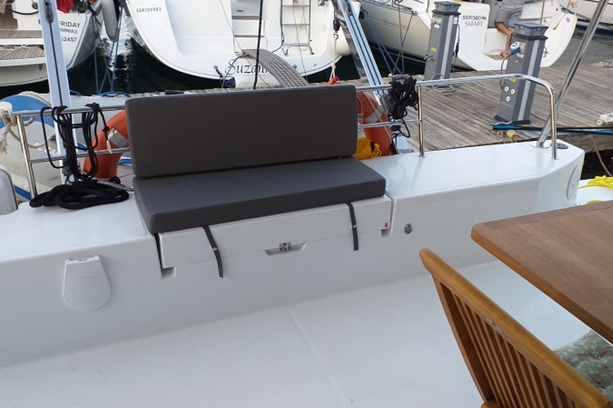 Deck of El Camino, a Fountaine Pajot Lucia 40 catamaran at Fethiye, Turkey