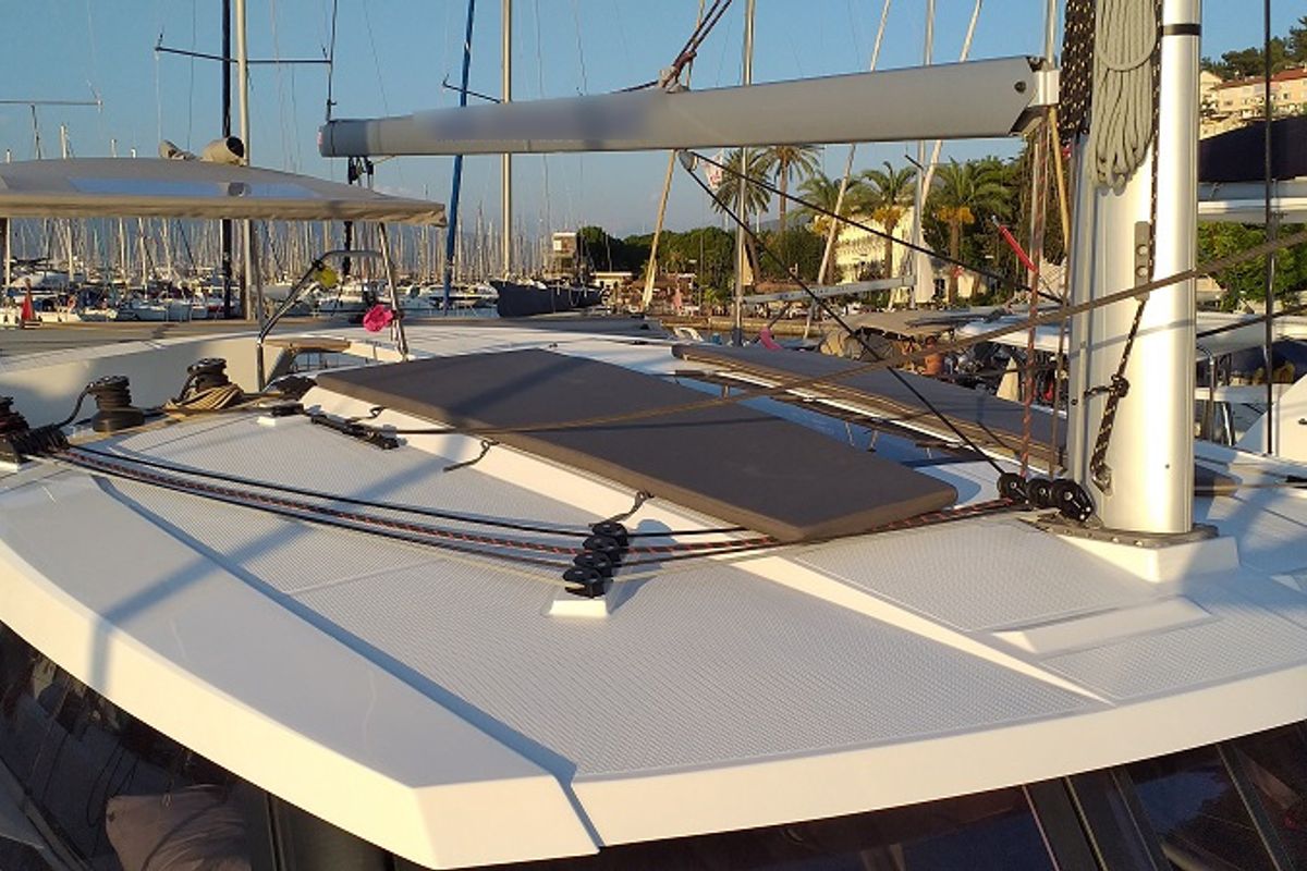 Deck of El Camino, a Fountaine Pajot Lucia 40 catamaran at Fethiye, Turkey
