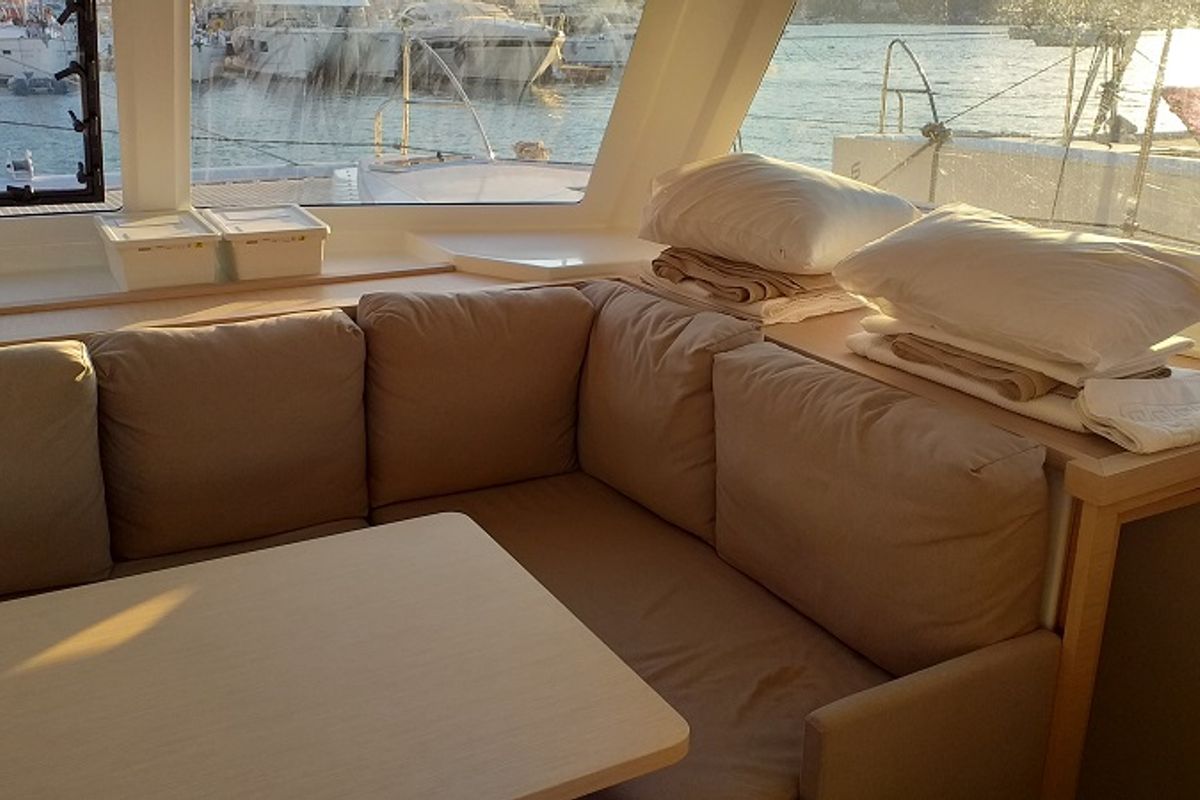 Salon of El Camino, a Fountaine Pajot Lucia 40 catamaran at Fethiye, Turkey