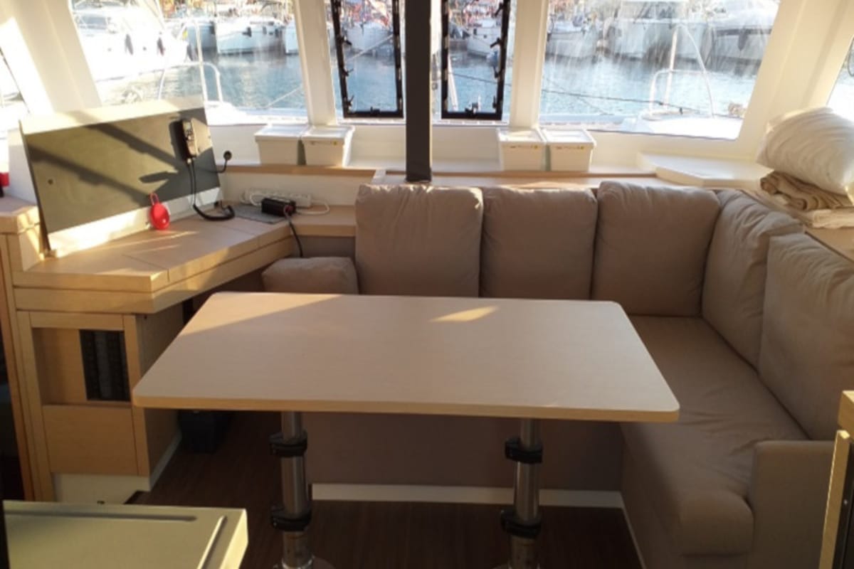 Salon of El Camino, a Fountaine Pajot Lucia 40 catamaran at Fethiye, Turkey