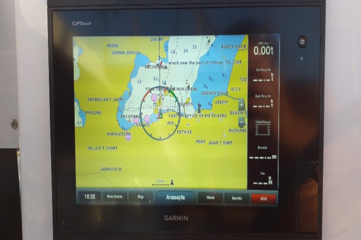 Cockpit of El Camino, a Fountaine Pajot Lucia 40 catamaran at Fethiye, Turkey