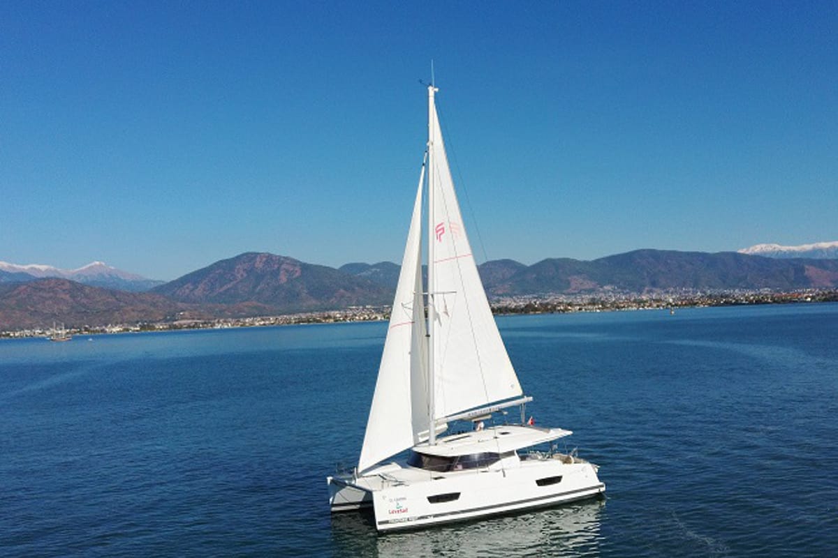Exterior view of El Camino, a Fountaine Pajot Lucia 40 catamaran at Fethiye, Turkey