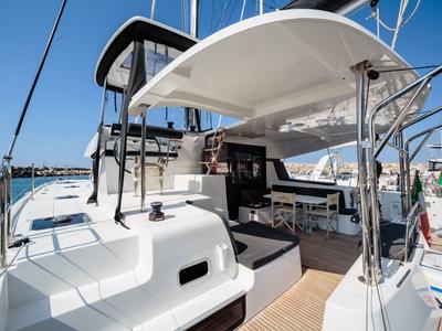 Deck of Brivido - Premium line , a Lagoon 42 catamaran at Capo d'Orlando, Italy
