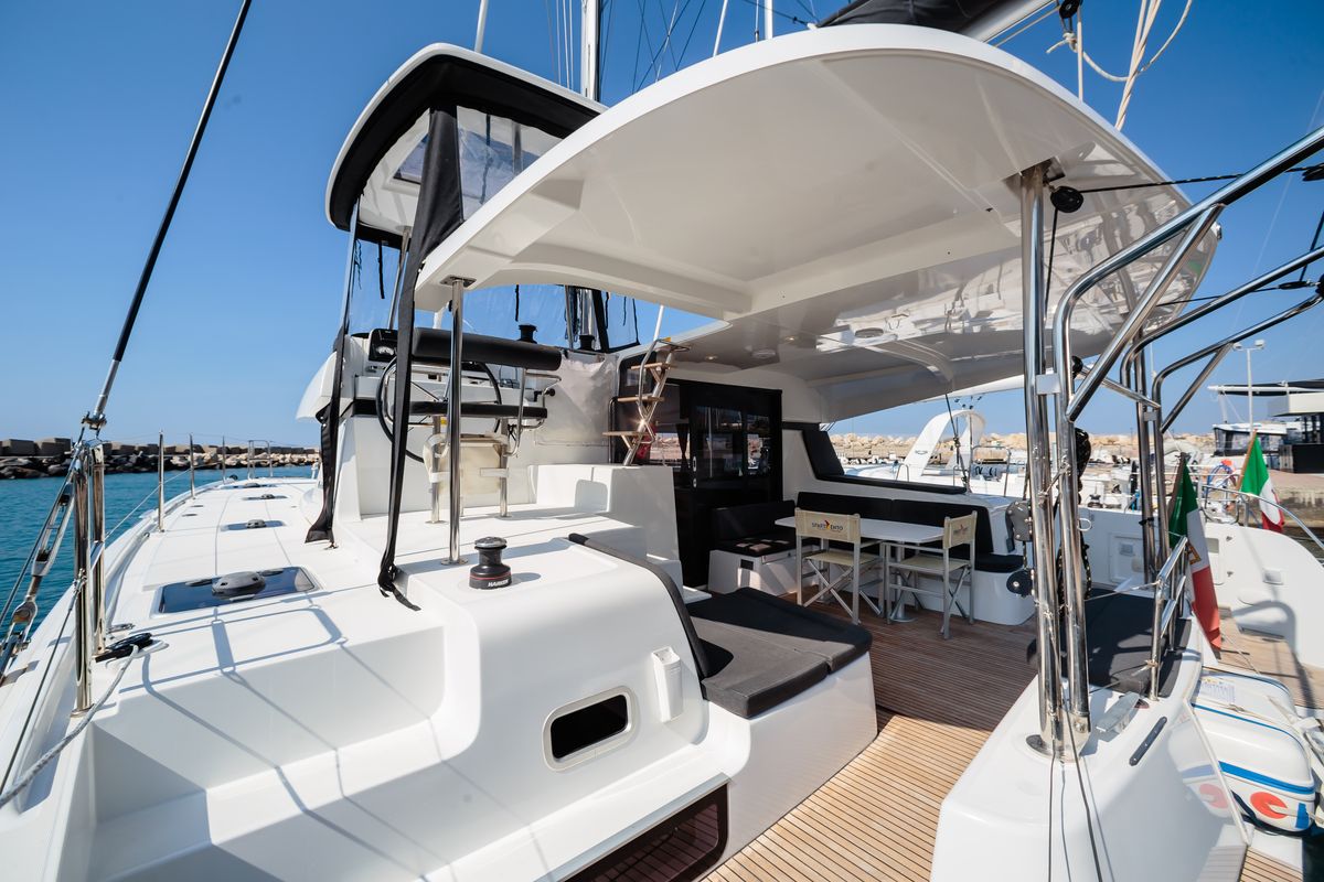 Deck of Brivido - Premium line , a Lagoon 42 catamaran at Capo d'Orlando, Italy