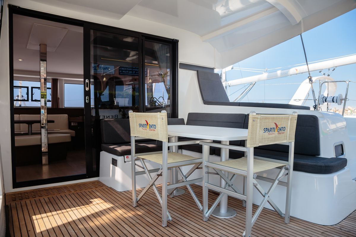 Deck of Brivido - Premium line , a Lagoon 42 catamaran at Capo d'Orlando, Italy