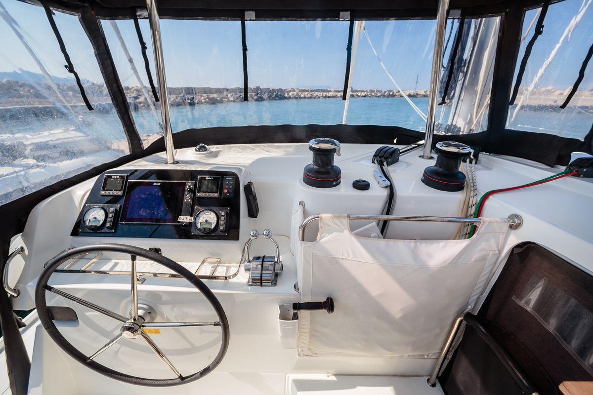 Cockpit of Brivido - Premium line , a Lagoon 42 catamaran at Capo d'Orlando, Italy