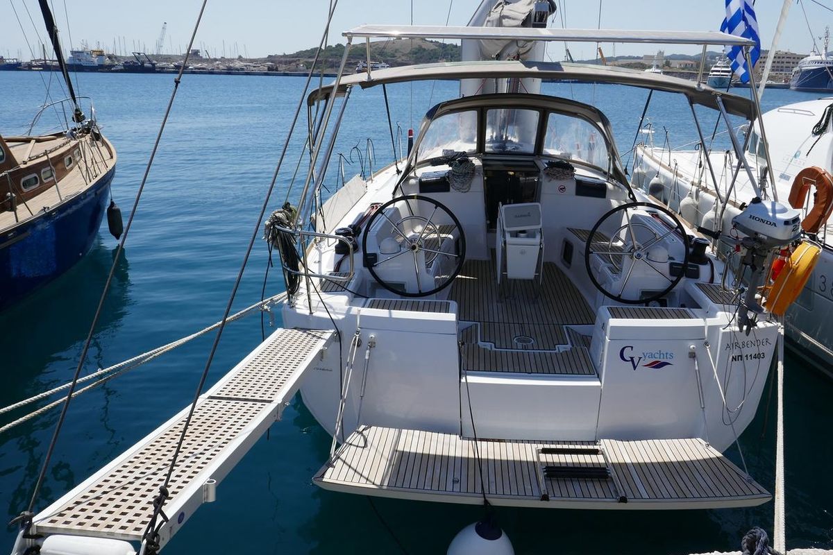 Exterior view of Airbender, a Jeanneau Sun Odyssey 449 sailboat at Lavreotiki Municipal Unit, Greece