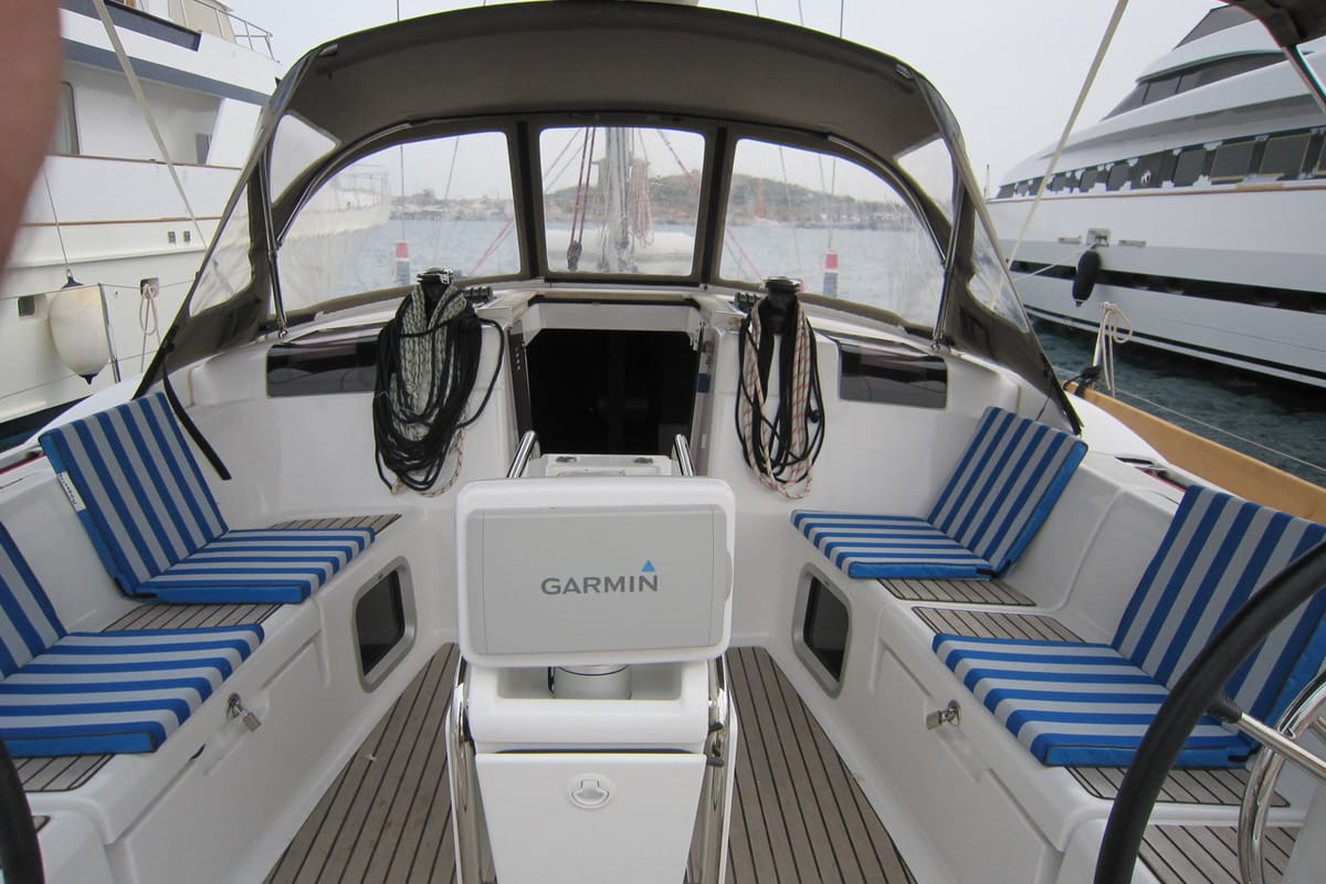Cockpit of Airbender, a Jeanneau Sun Odyssey 449 sailboat at Lavreotiki Municipal Unit, Greece