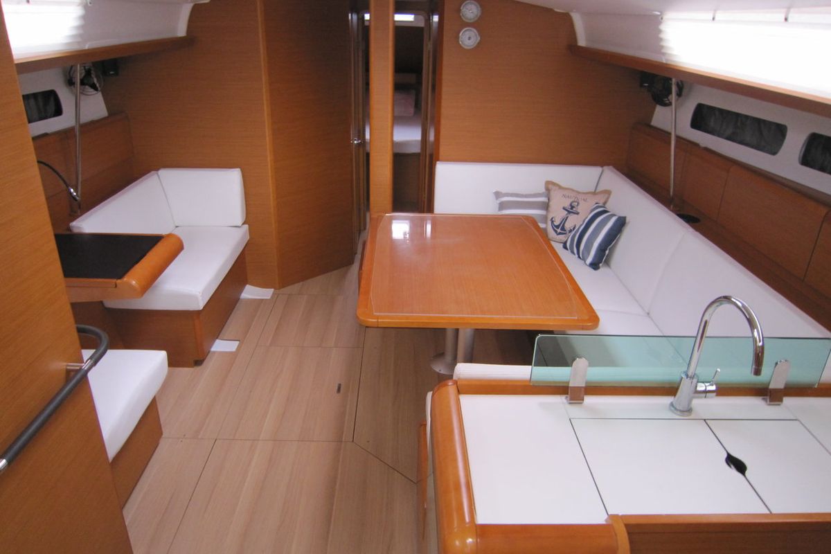 Salon of Airbender, a Jeanneau Sun Odyssey 449 sailboat at Lavreotiki Municipal Unit, Greece